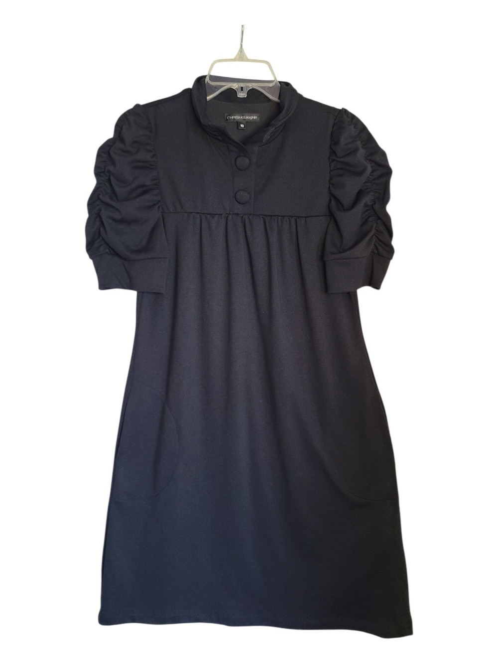 Chris McLaughlin Black Ruched Puff Sleeve Mock Neck Dress Size 10
